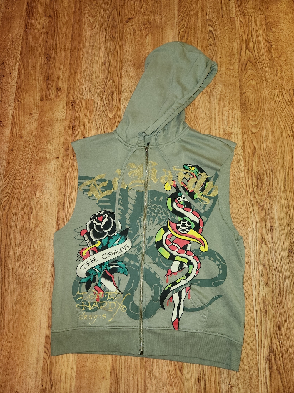 Ed Hardy Sleeveless Zip Up Hoodie, Size Medium, Y2K